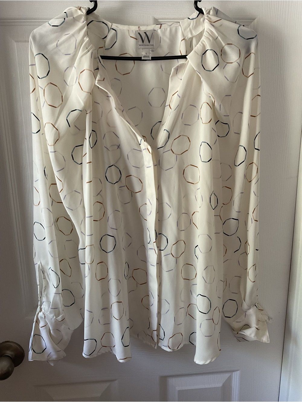 Worthington White Geometric Print Blouse Size L Long Sleeve Career Top - Picture 2 of 7